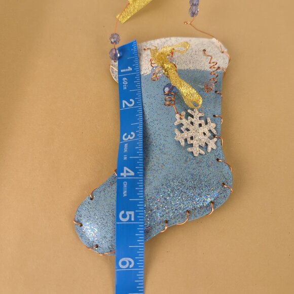 Handmade Blue White 2 Glitter Ornaments Christmas Stocking Metal 5.5" Snowflake - Picture 7 of 11